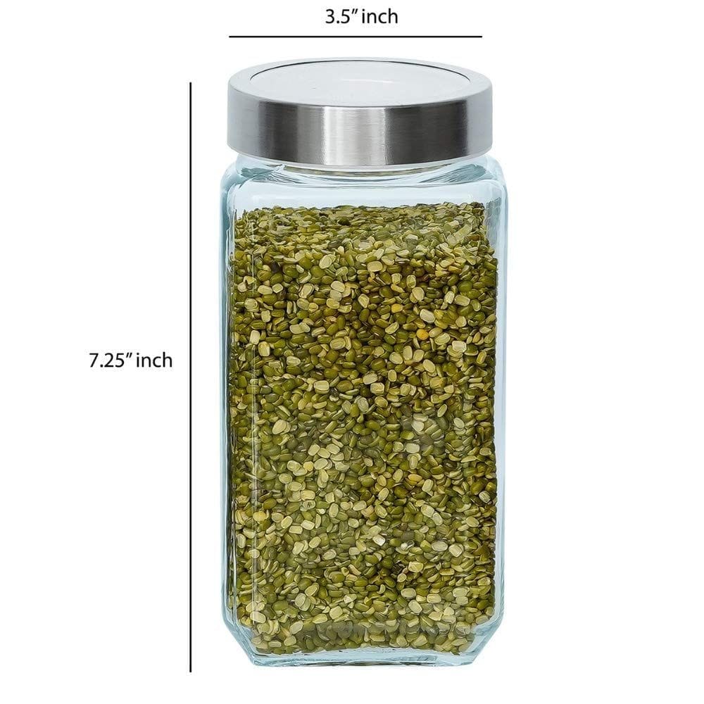 Femora Glass Cuboid Kitchen Storage Jar, 1000ML, Set of 2, Free Replacement of Lids