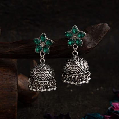 Silver Plated Floral Designed Stone Studded Antique Jhumki E