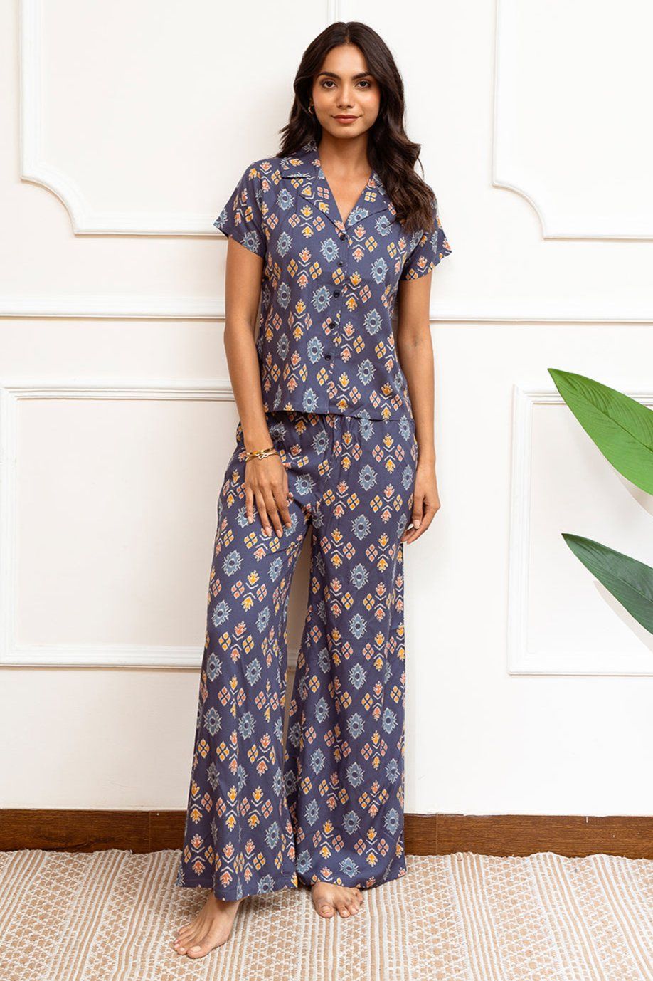 Blue Color Abstract Printed Viscose Rayon Night Suit-S