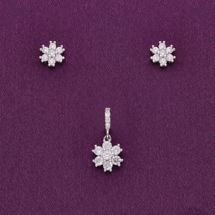 Trendy Floral Zircon Silver Pendant & Earrings Set-White Stone / Silver