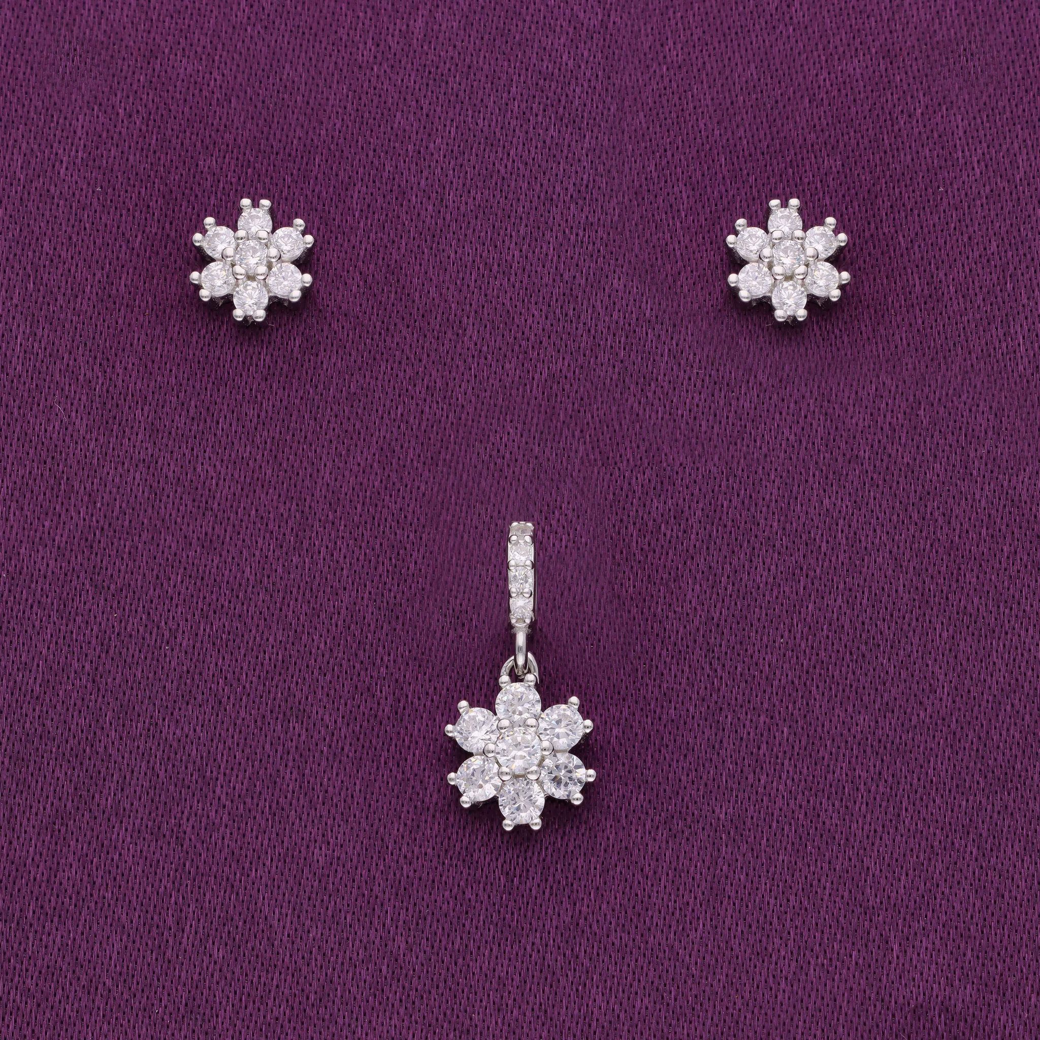 Trendy Floral Zircon Silver Pendant & Earrings Set-White Stone / Silver