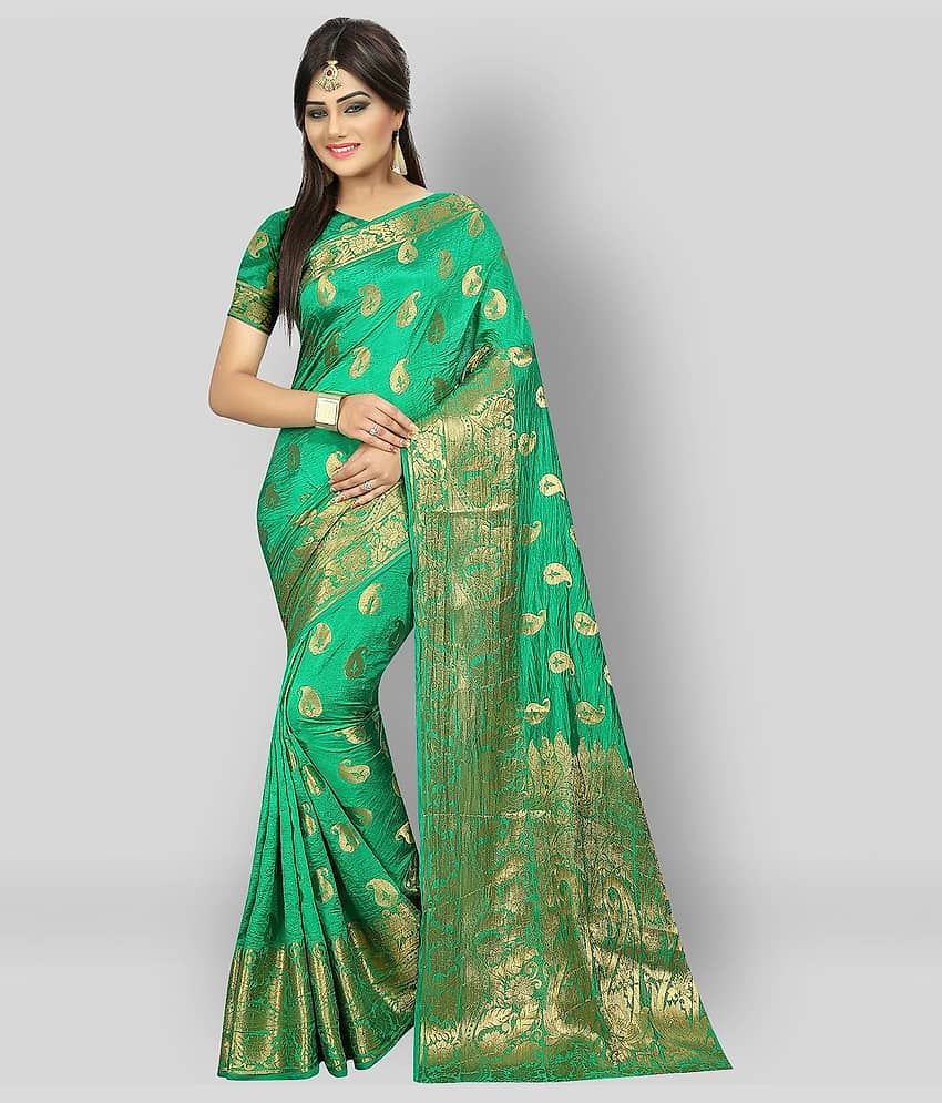Gazal Fashions Silk Blend Printed Saree With Unstitched Blouse Piece ( Green )