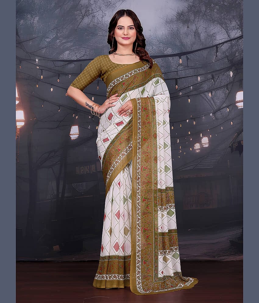 Kanooda Prints Georgette Printed Saree With Unstitched Blouse Piece ( Brown )