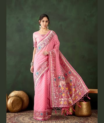 Rangtulika Ethnics Cotton Blend Embellished Banarasi saree With Unstitched Blouse Piece ( Pink )