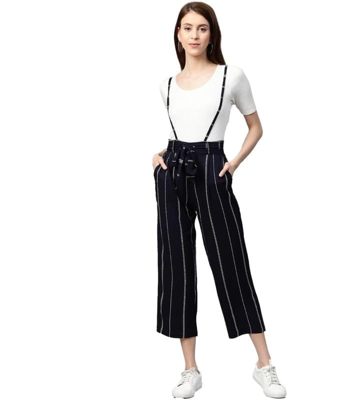 Women's Casual Short Sleeve Striped Rayon Dungaree (Blue, XL)-PID48561