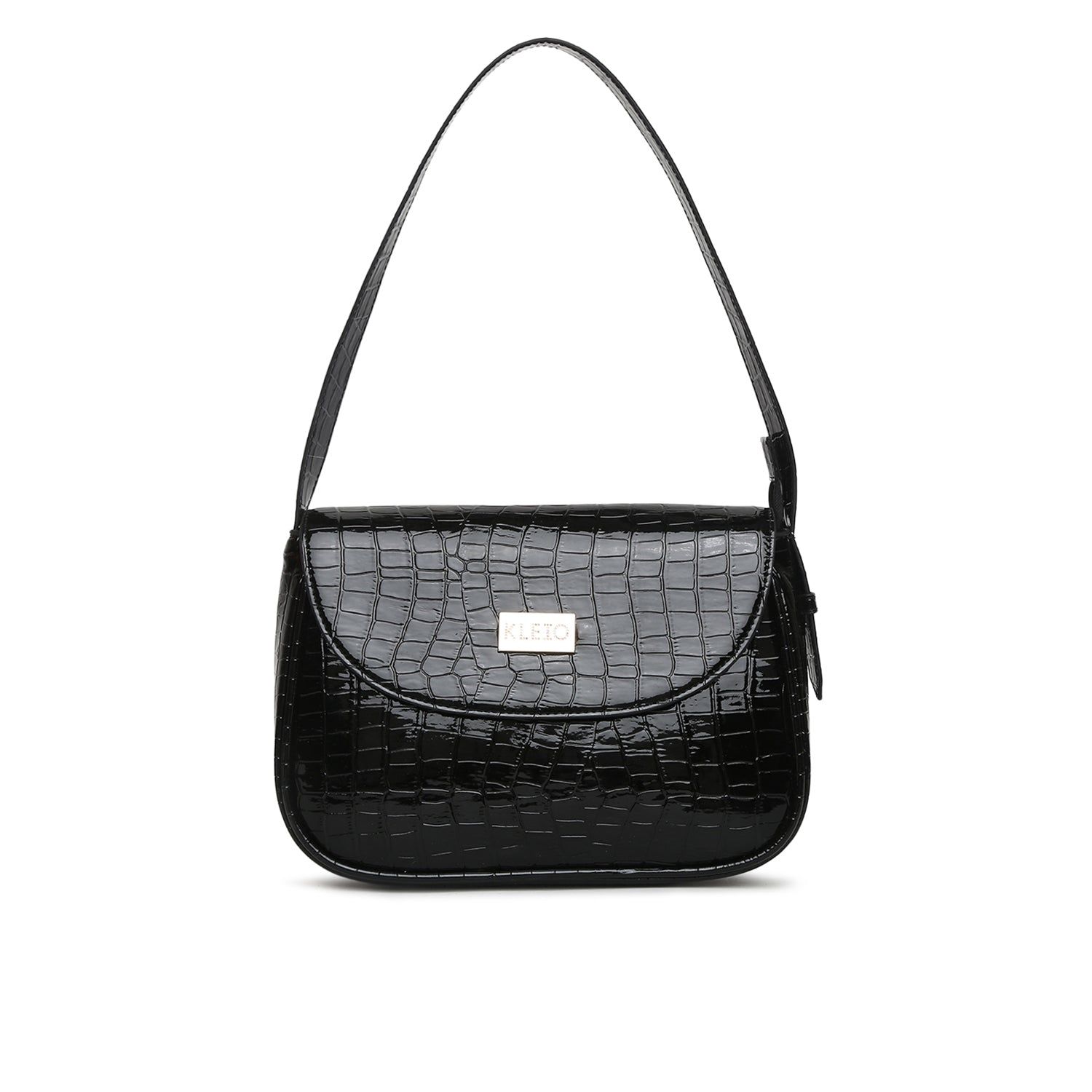 Croco Pattern Vegan Shoulder Bag (M)-Black