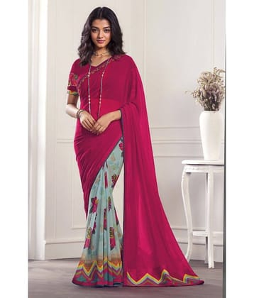 BLEESBURY Georgette Printed Saree With Unstitched Blouse Piece ( Navy Blue )