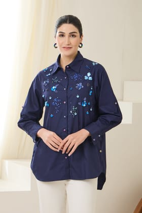 IMPERIAL SEQUINED POPLIN SHIRT-Navy / Poplin / XXS