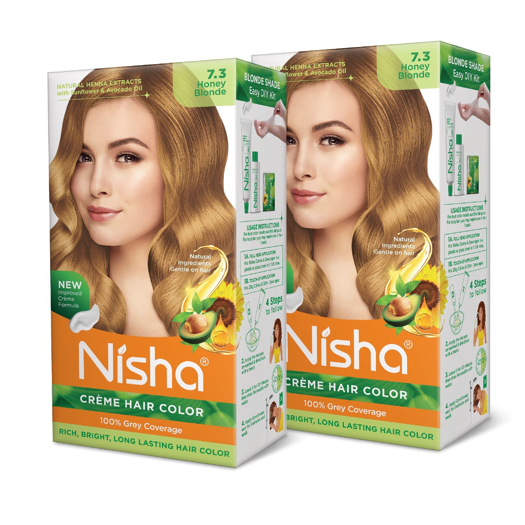 Nisha Creme Hair Color 7.3 Honey Blonde 120g Pack of 2, Permanent Hair Colour for Long Lasting Hair, 100% Grey Coverage