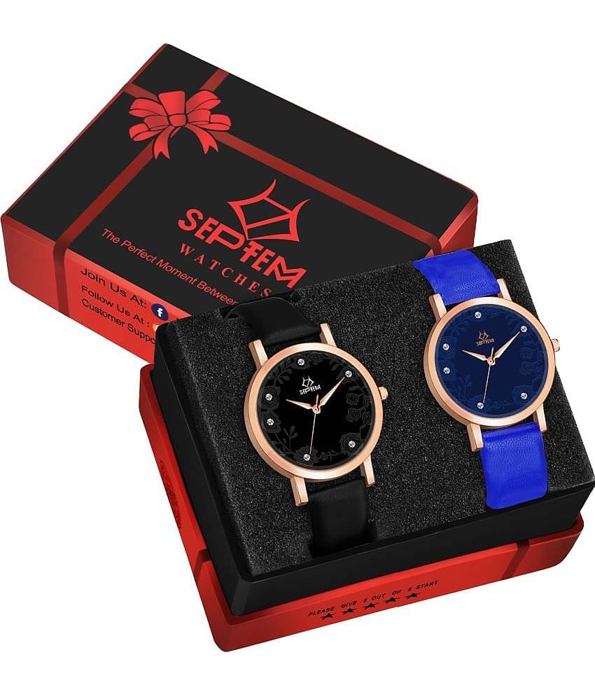 Septem Black Leather Analog Womens Watch