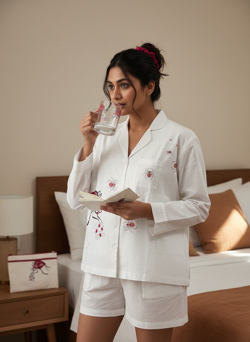 Ivvory Artisanal Cotton Revere Shorts Set (Spider Print, Size XL) | Hand Embroidered Co-ord Set | Quirky Nightwear