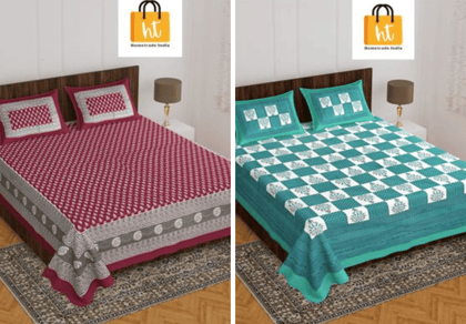 3001-Hometrade India-Standard King Size (90*108 Inches)-Pure Cotton Jaipuri Double Bedsheet With Matching Pillow Cover