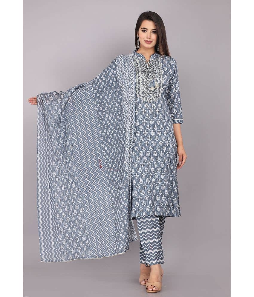 JC4U - Grey Straight Cotton Women's Stitched Salwar Suit ( Pack of 1 )