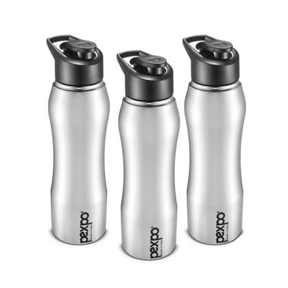 PEXPO Stainless Steel Sports/Fridge Water Bottle, 1000 ml, Pack Of 3 Silver, Bistro | Wide Mouth & Leak-Proof Water Bottle