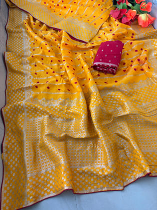 Pure munga silk fabric with beautiful Jaipuri bandej zari waiving work all over saree