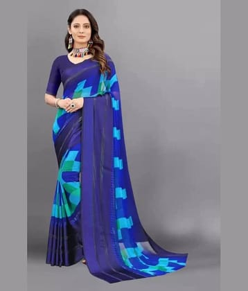 Sitanjali Lifestyle Georgette Printed Saree With Unstitched Blouse Piece ( Blue )