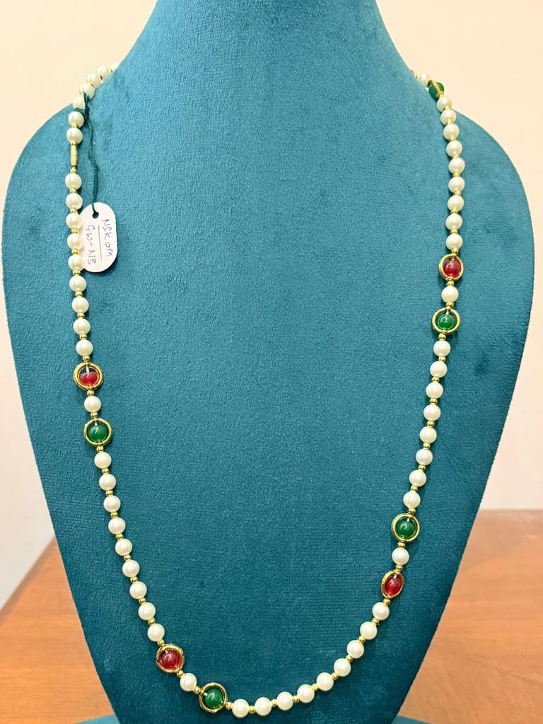 red and green gemstone sherwani jewelry with white pearls in single strand