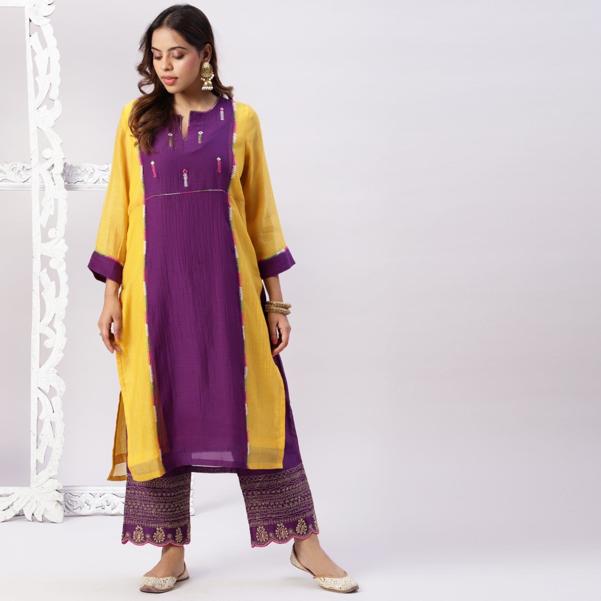 Chanderi color block kurta with embroidery-XS
