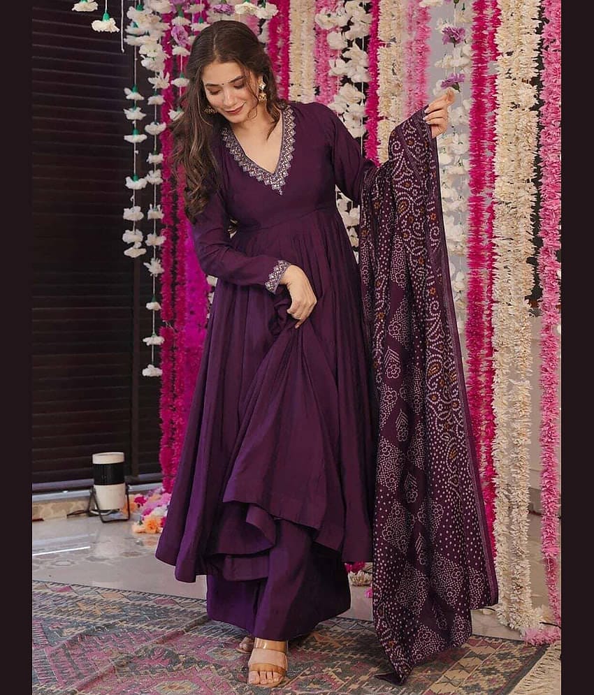 kedar fab Women Rayon Printed Anarkali Kurti With Palazzo ( Purple )