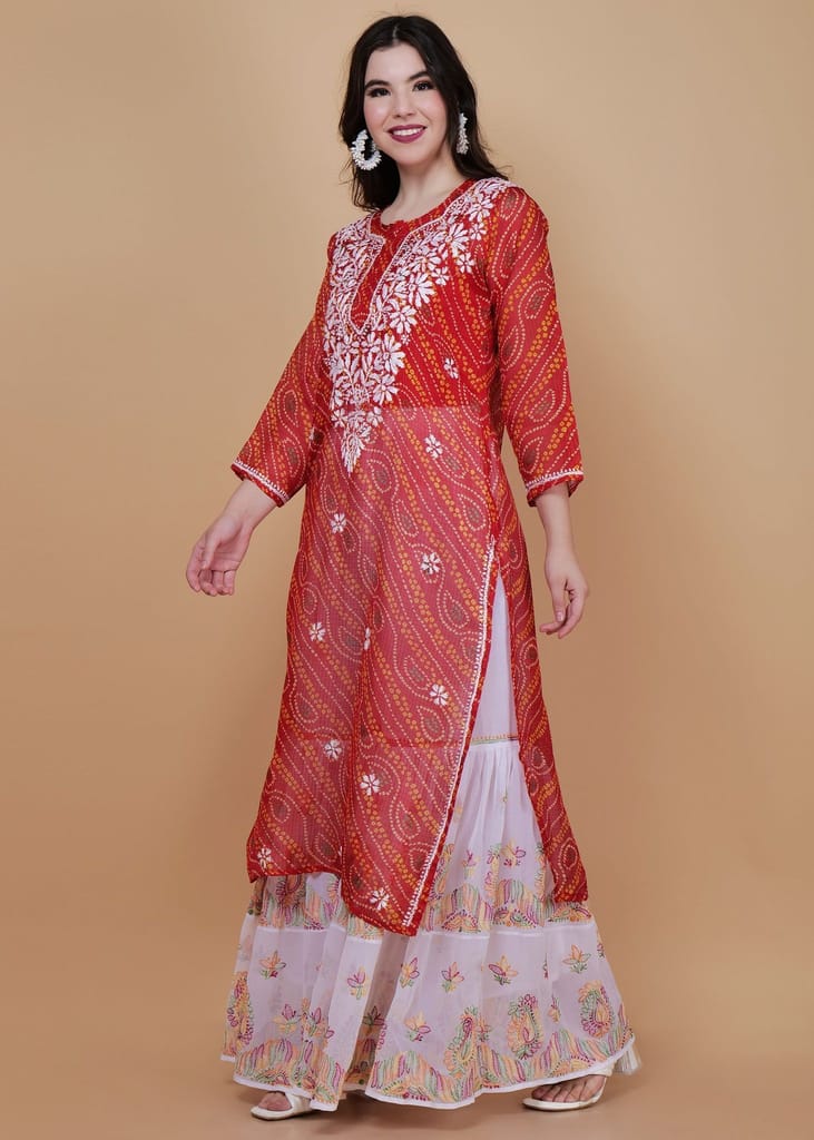Kota Doria Chikankari Masterpiece Straight Kurta -Darl Red