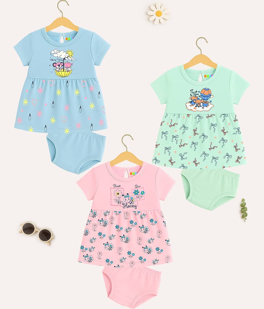 Kuchipoo Cotton Blend Dress For Girls ( Pack of 3 , Multicolor )
