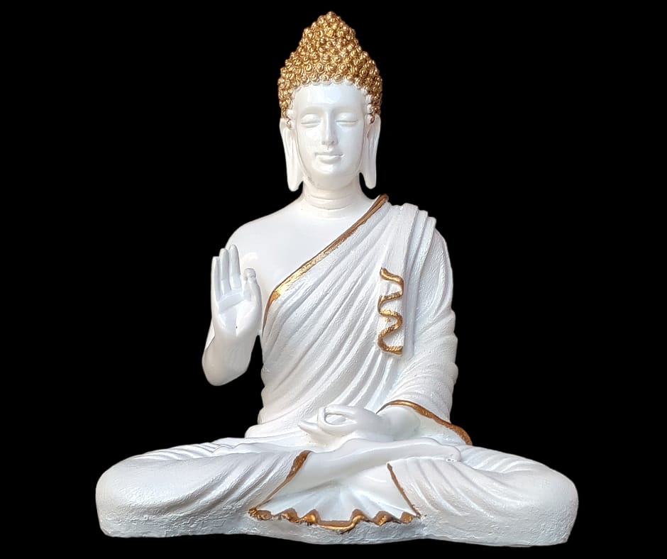 White Golden Meditating Buddha Statue Symbol of Peace Home décor Idol H- 37 CM-Poly Resin