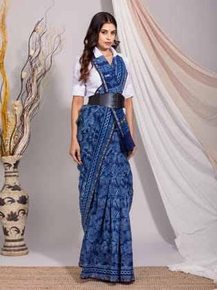 Indigo Leaf Print Chanderi silk Saree
