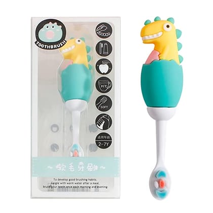 Cute 3D Dino Shape Microfiber Soft Bristles Toothbrush for Kids Age 2+ (Pack of 1)-Green Yellow