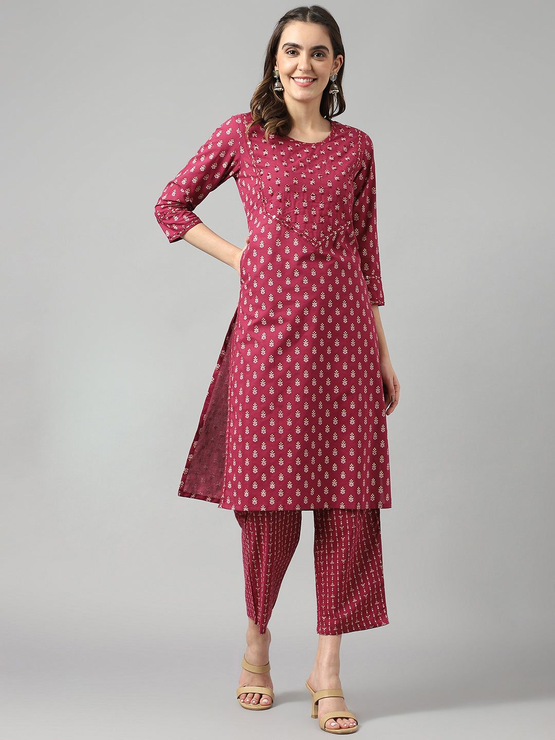 Beautiful Wine Colour Embroidered Straight Kurta Pant Set-XXL