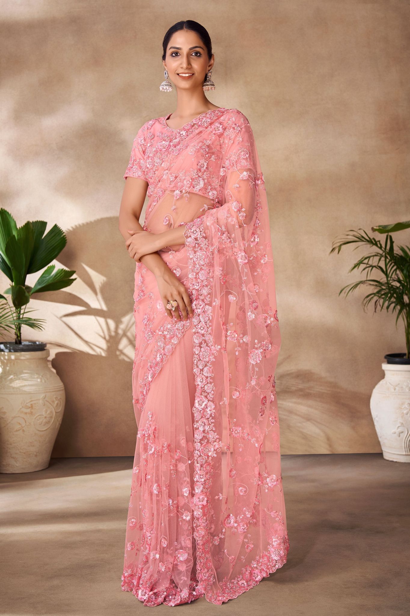 Peach Embroidered Net Saree