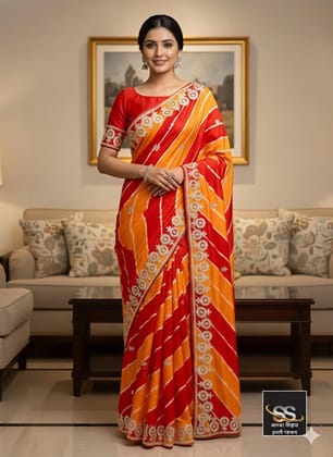 Chinnon fabric saree with attractive digital ptint lehriya with ribbion work and with blouse
