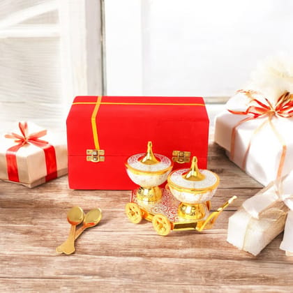 Handcrafted and Hand Embossed Premium Brass Bowl and Spoon Set with Miniature Table Trolley Handcrafted and Hand Embossed Premium Brass Bowl and Spoon Set with Miniature Table Trolley