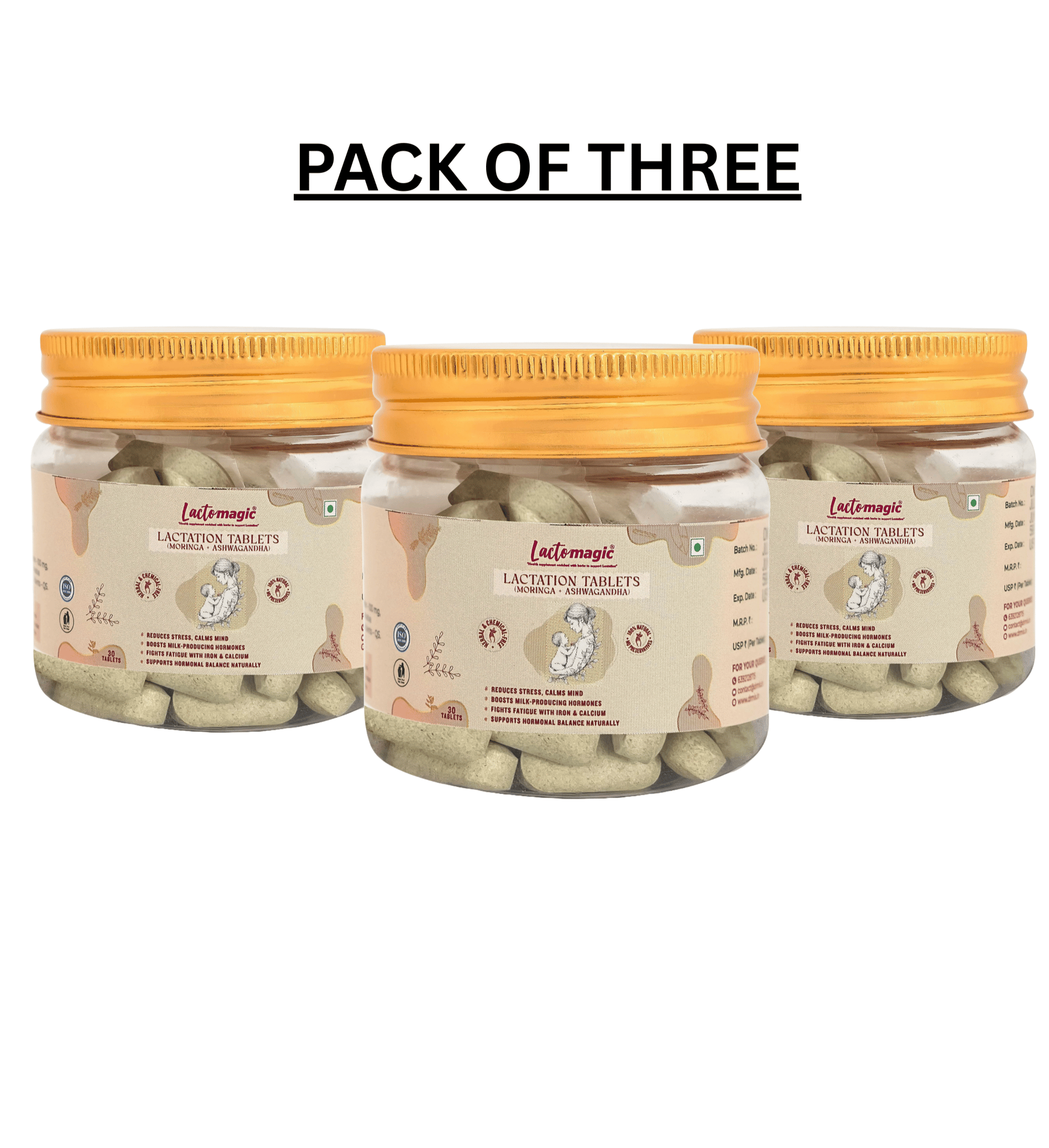 LACTOMAGIC Moringa+Ashwagandha Tablets | Olifera Leaf Extract | Drumstick Leaf Tablets | Metabolism And Immune Booster, 30 Tablets Each, Pack of 3 - 1000 mg Each