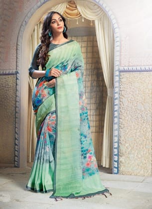 Linen Pista Mix Flowers Printed Cotton Silk Saree