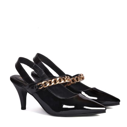 Slingback Pointed Toe Golden Chain Black Patent Kitten Heel Adjustable Elastic Strap By Brune & Bareskin-36/3