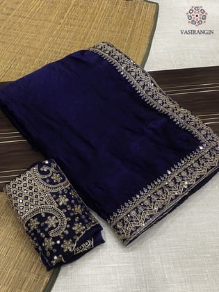 New Navy Blue Color Partywear Soft Satin Silk Embrodiery n Sequence Work Fancy Designer Saree