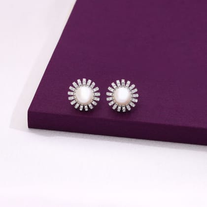 Classic Pearls & Zircon Studded Pearl Silver Earrings-Pearl / Silver