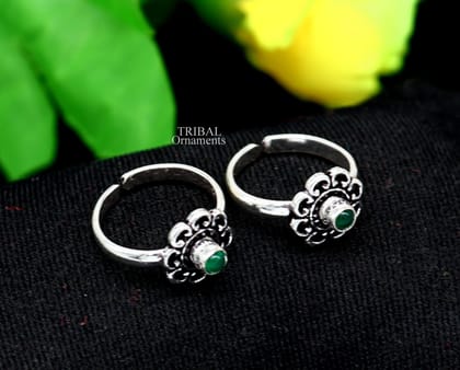 925 sterling silver handmade fabulous tiny toe ring band green stone tribal belly dance vintage style ethnic jewelry from India toer145