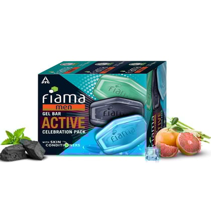 Fiama Men Gel Bar Active Celebration Pack with 3 Unique Gel Bars, 375g (125g - Pack of 3),Charcoal and Grapefruit, Refreshing Pulse and Energising Sport for Moisturised Skin, Soap for Men, For All Skin Types Fiama Men Gel Bar Active Celebration Pack with