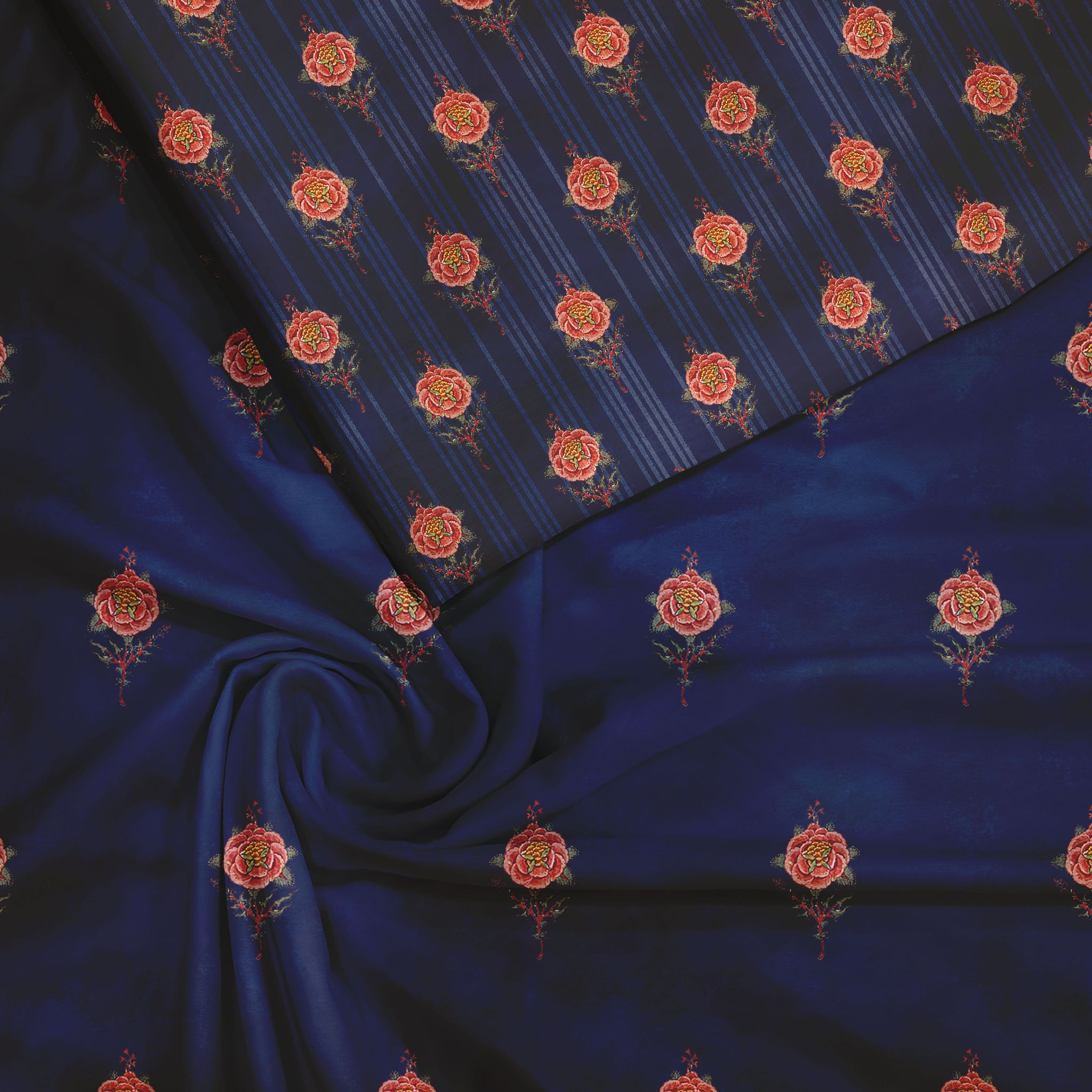 Night Blue Roses Silk Satin unstitch suit set