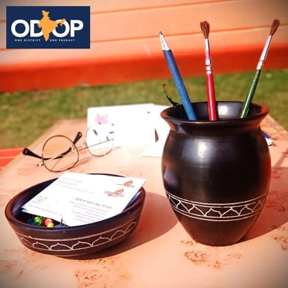 Nizamabad Black Pottery Desktop Stationery Holder Gift Set Nizamabad Black Pottery Desktop Stationery Holder Gift Set