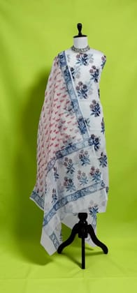 Indigo Kota Doria Cotton-Silk Dress Material with Dupatta