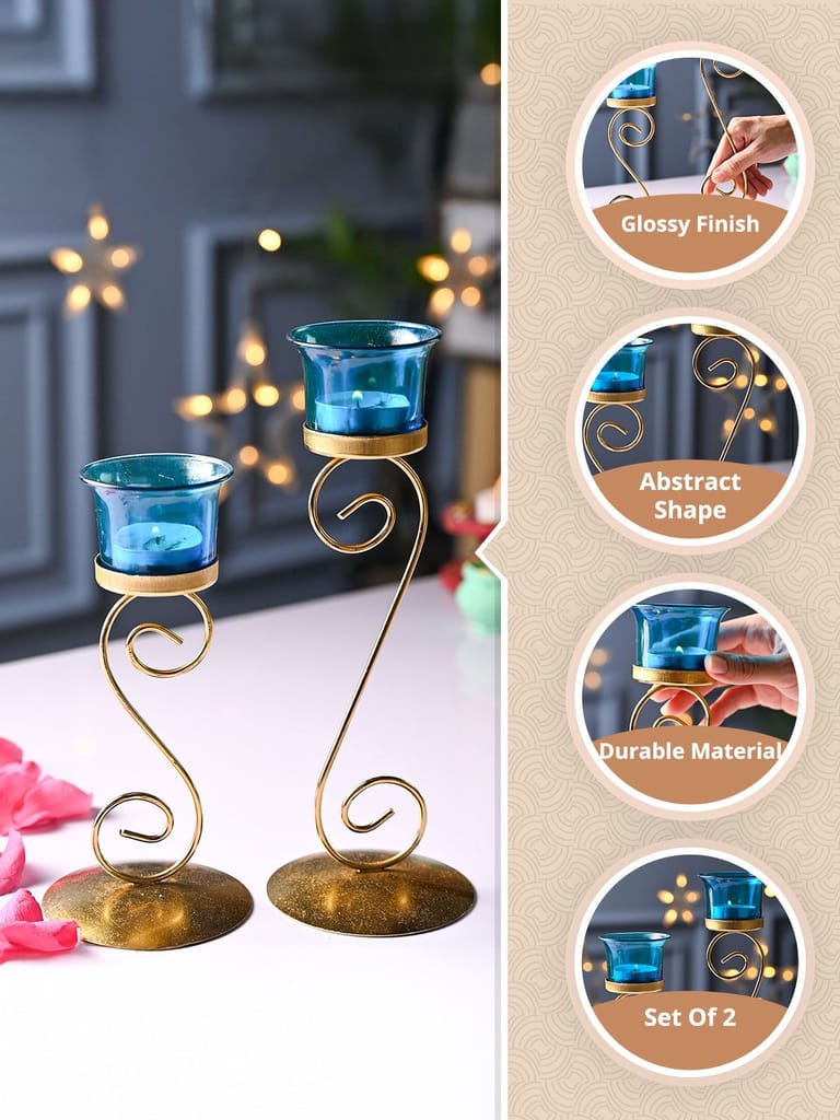 Decorative Gold Metal & Blue Glass Tealight Candle Holders Set