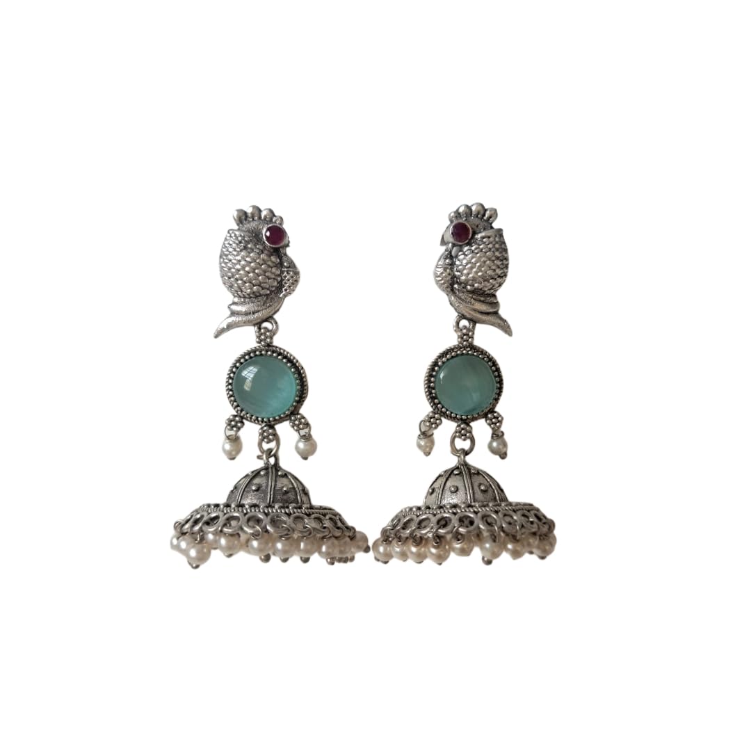 Anvaya Collections Oxidized Brass Peacock Jhumka Earrings with Red Stone and Pearl Drops � Ethnic Indian Jewelry