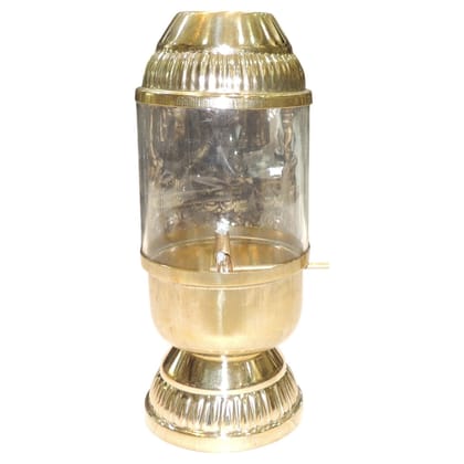 Brass & Glass Deepak With Chimney | Windproof Oil Lamp For Mandir, Height : 8 Inch (ZMAS647 D)