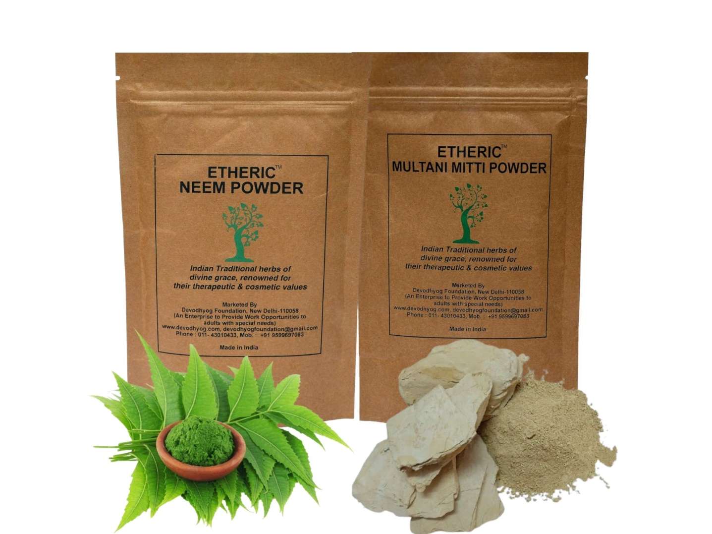Etheric Neem Powder & Multani Mitti Powder for Skin Tanning, SunBurn & Ghamoriya (100X2 gm)