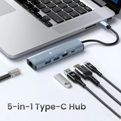 Portronics Mport 51, RJ45 Ethernet, USB 3.0, 4K HDMI, USB-C PD & Data (Grey)