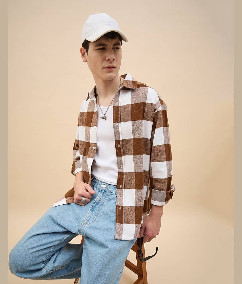 Chimpaaanzee Cotton Blend Oversized Fit Checks Full Sleeves Men's Casual Shirt - Green ( Pack of 1 )
