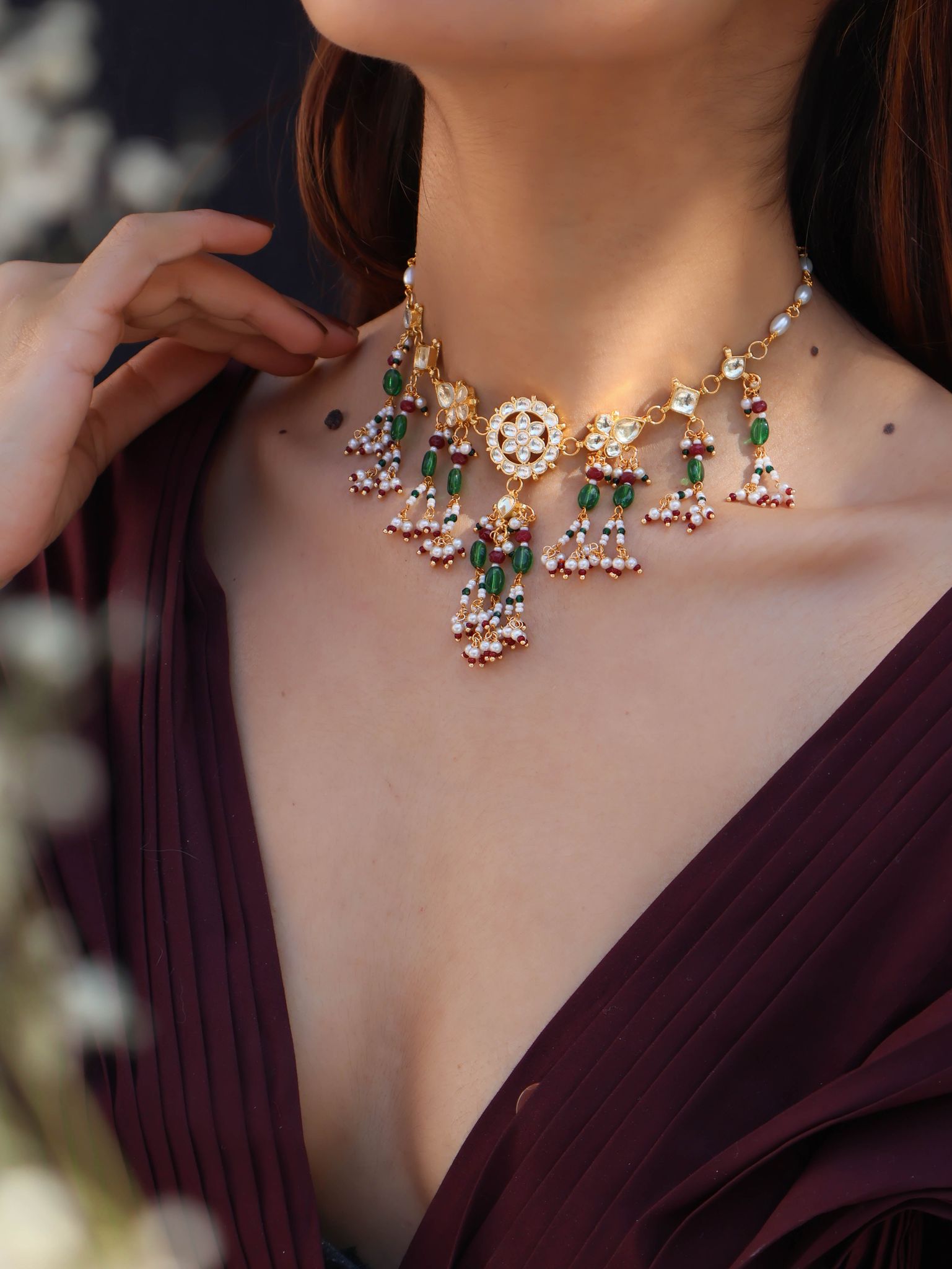 Nazia Red-Green Kundan Necklace-Green