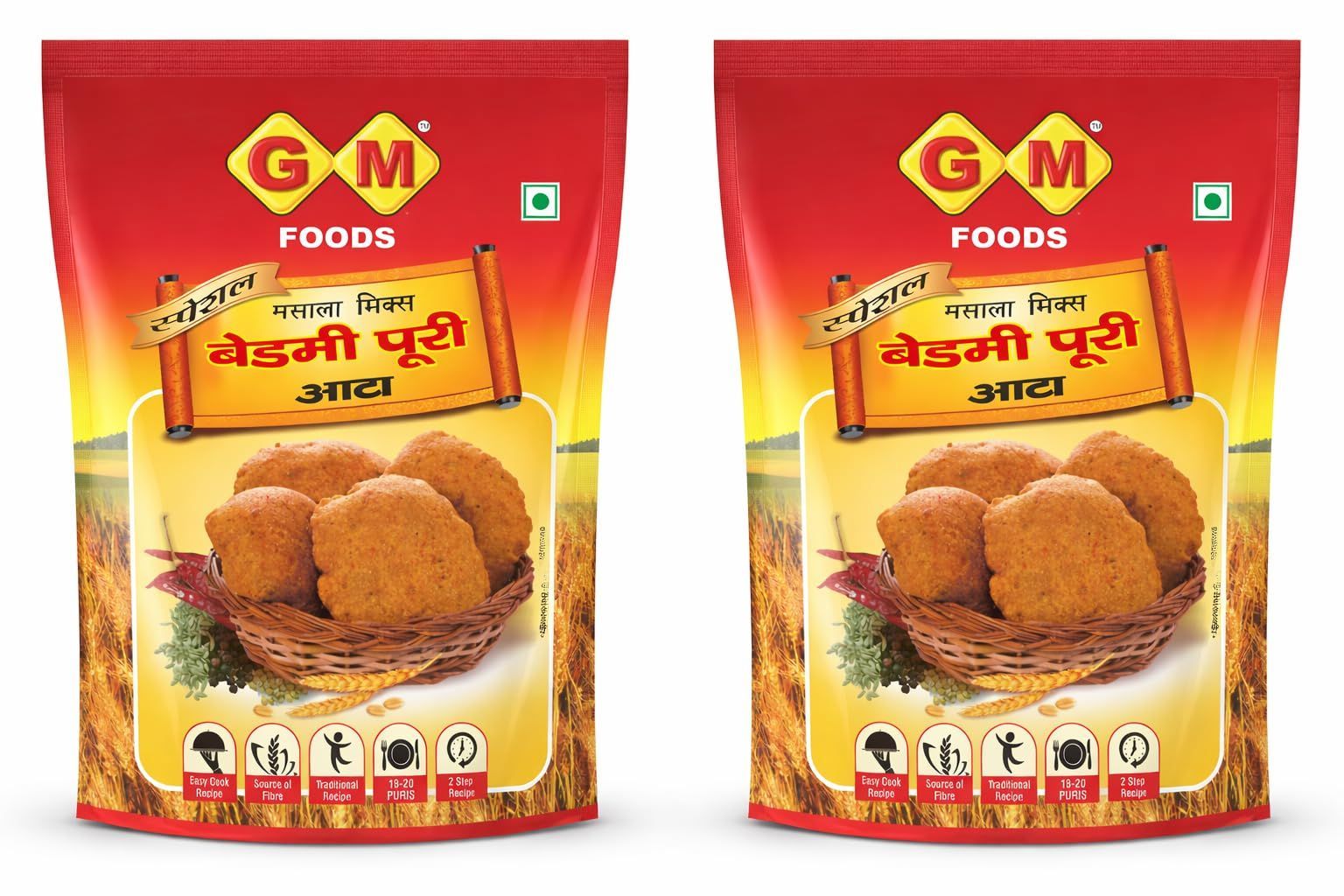 GM Foods Bedmi Puri Atta Mix Each 400 Gram (Pack Of 2) | Ready to Cook Urad Dal & Wheat Flour Mix | Instant Masala Puri for Authentic North Indian Breakfast | Atta for Soft & Crispy Bedmi Poori